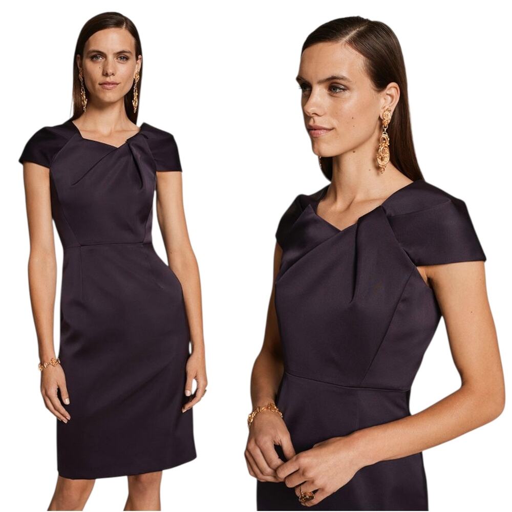 The Fold Finsbury Purple Satin Asymmetric Neck Evening Cocktail Sheath Dress